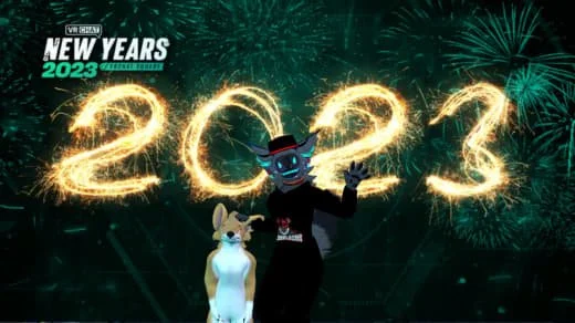Celebration for New Year's 2023 with fireworks, digital drawings of the year 2023, a person in a dark hoodie and hat, and a dog, in front of a green night sky background.