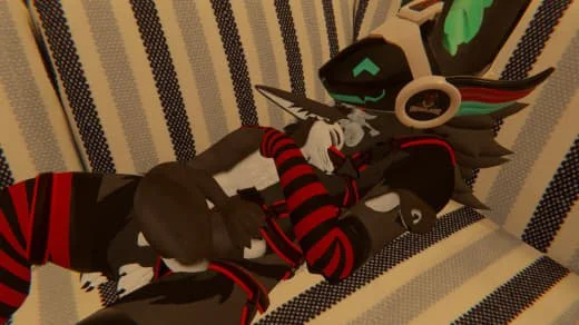 Anthropomorphic fox character wearing headphones and striped red and black clothing lying on a striped couch.