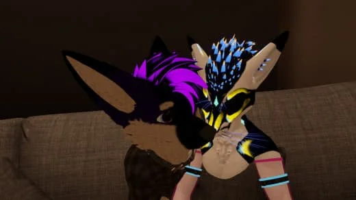 Anthropomorphic feline characters with colorful hairstyles sitting close together on a sofa.