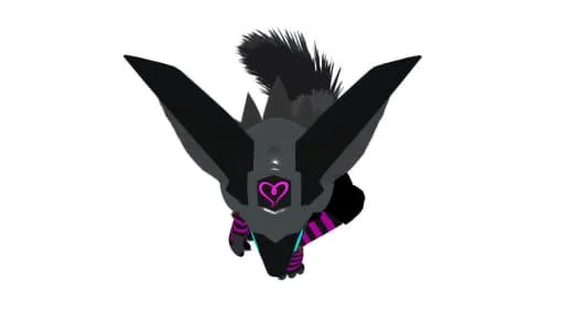 A stylized cartoon fox with large ears, a bushy tail, purple and black clothing, and a heart-shaped nose.