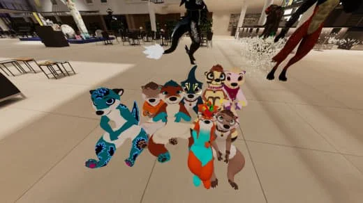 Group of cartoon animal characters in a shopping mall