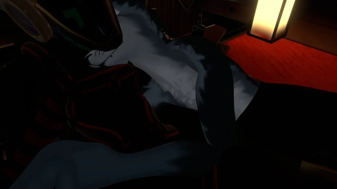 A person's hand is pouring liquid nitrogen onto a table with chairs, creating fog. The scene appears to be indoors with warm lighting and a red carpet. A tall lamp is visible in the background.