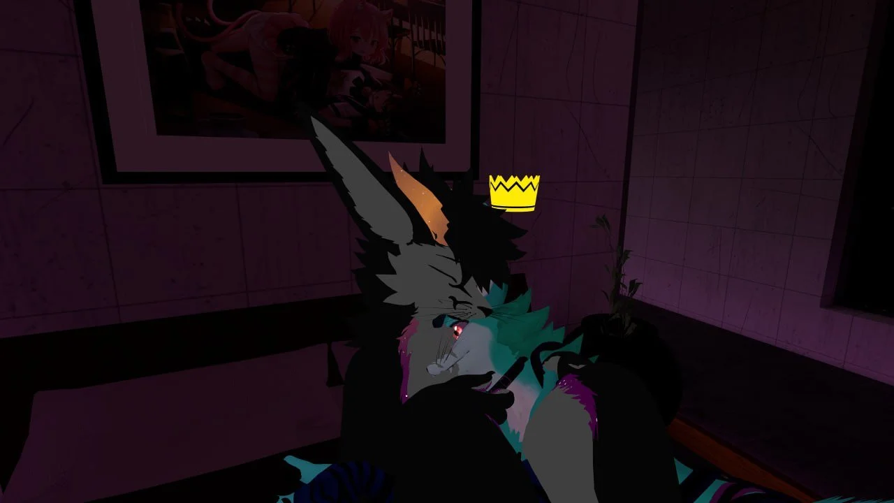 Animated character with fox-like features in a room with pink tiled walls, a crown icon above its head, looking at a smartphone, with a framed picture of a person in the background.