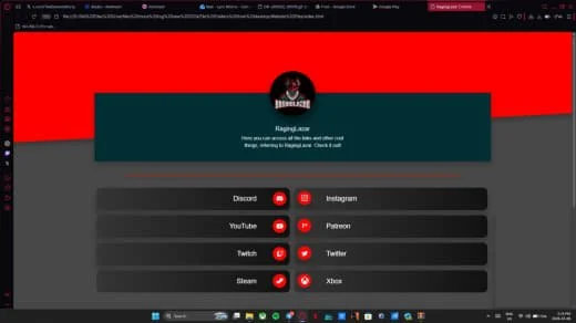 A website homepage with options to connect through Discord, YouTube, Twitch, Steam, Instagram, Patreon, Twitter, and Xbox.