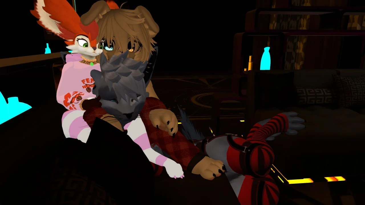 Two anthropomorphic characters, one with fox features and the other with wolf features, sitting on a dark sofa in a dimly lit room with illuminated bottles on shelves.