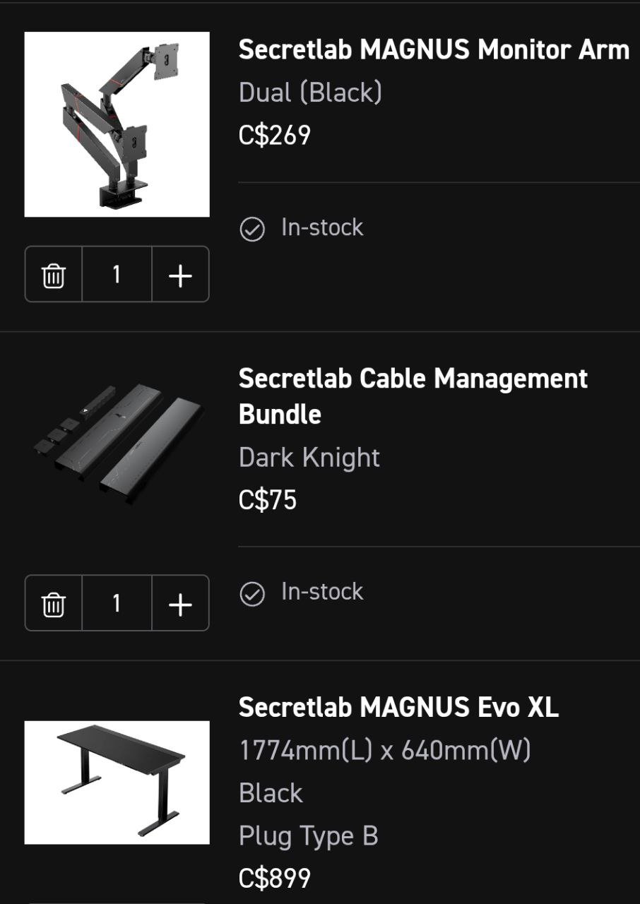 Screenshot of an online store displaying three Secretlab products: a dual black monitor arm priced at 269 Canadian dollars, a dark knight cable management bundle priced at 75 Canadian dollars, and a black Secretlab MAGNUS EVO XL desk measuring 1774mm