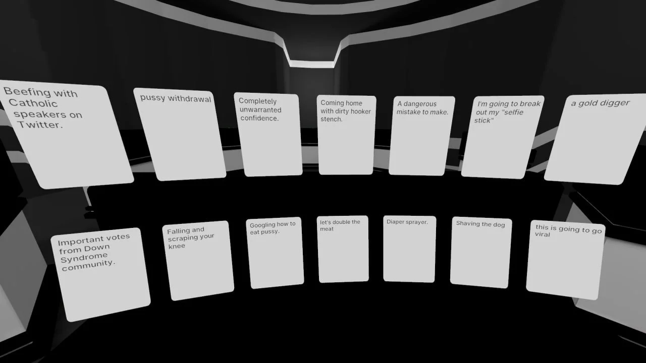 A virtual reality environment with floating white cards containing humorous and random text statements.