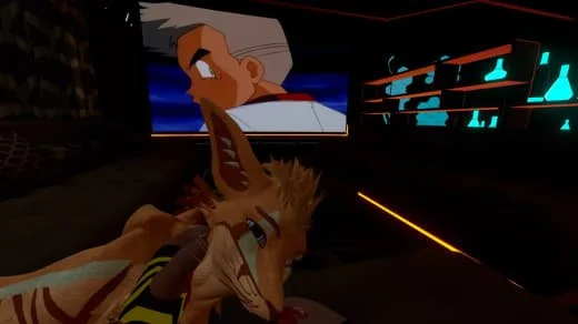 A person wearing a striped shirt is lying on a bed or couch with a plush horse toy. The room features a TV displaying an animated cartoon, and a dark shelf with glowing blue objects.