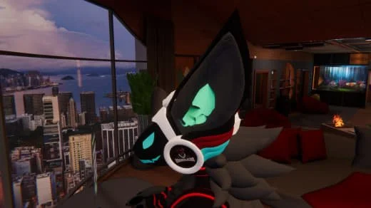 A toy or animated character with a black, teal, and white color scheme, large ears, and glasses, situated inside a modern high-rise apartment with a city view and lake through large windows.