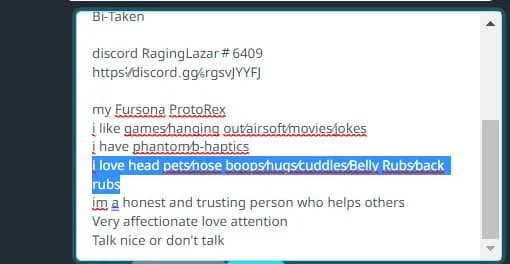 Screenshot of a chat message with a user sharing personal information, including a Discord username, a link, and statements about petting a head pet, love, and trust.