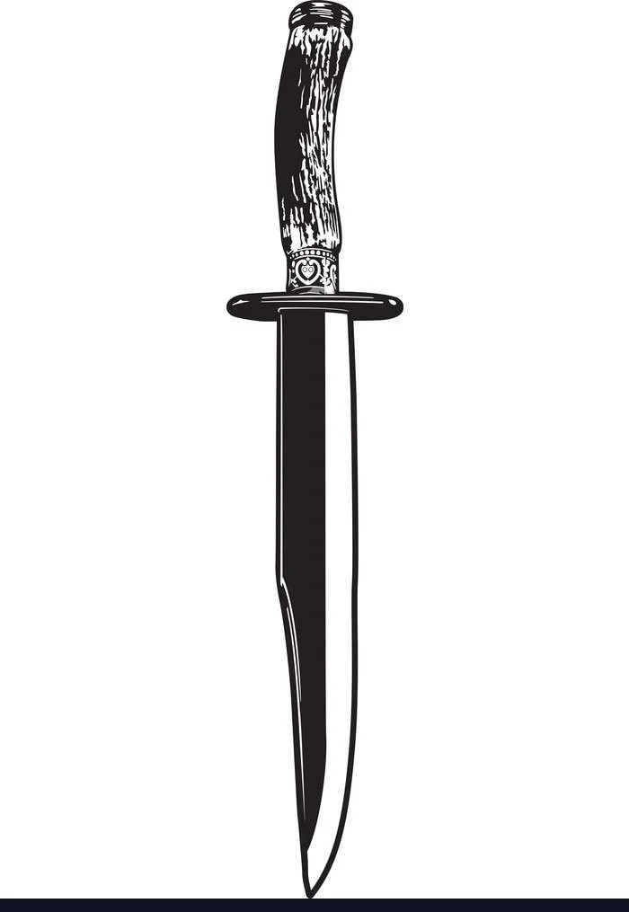 Black and white illustration of a dagger with an ornate handle.