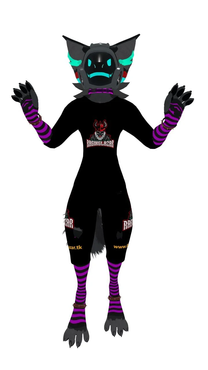 Anthropomorphic wolf character wearing a black shirt with a red and white graphic and purple striped accessories, with a fierce wolf mask and gloves.