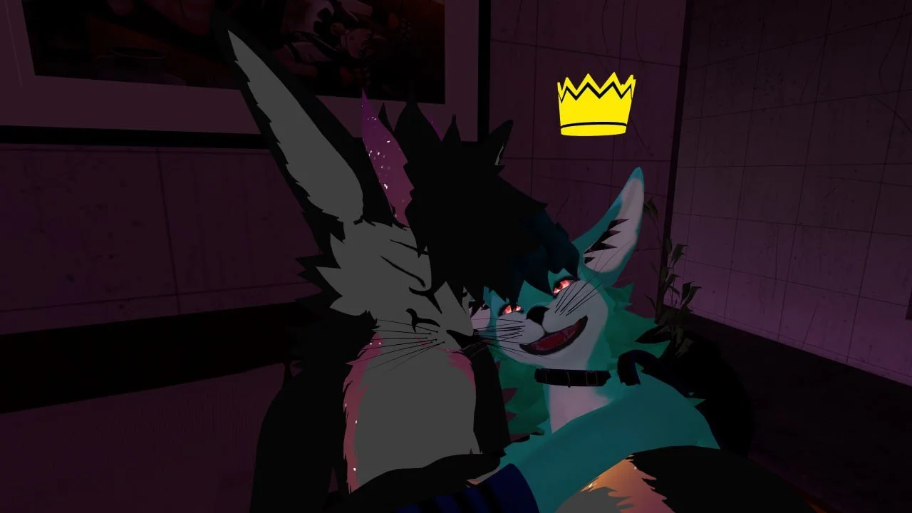 Two anthropomorphic cats, one black with a rainbow-colored horn and the other teal with a wide smile, hugging each other in a dimly lit room with a crown symbol on the wall.