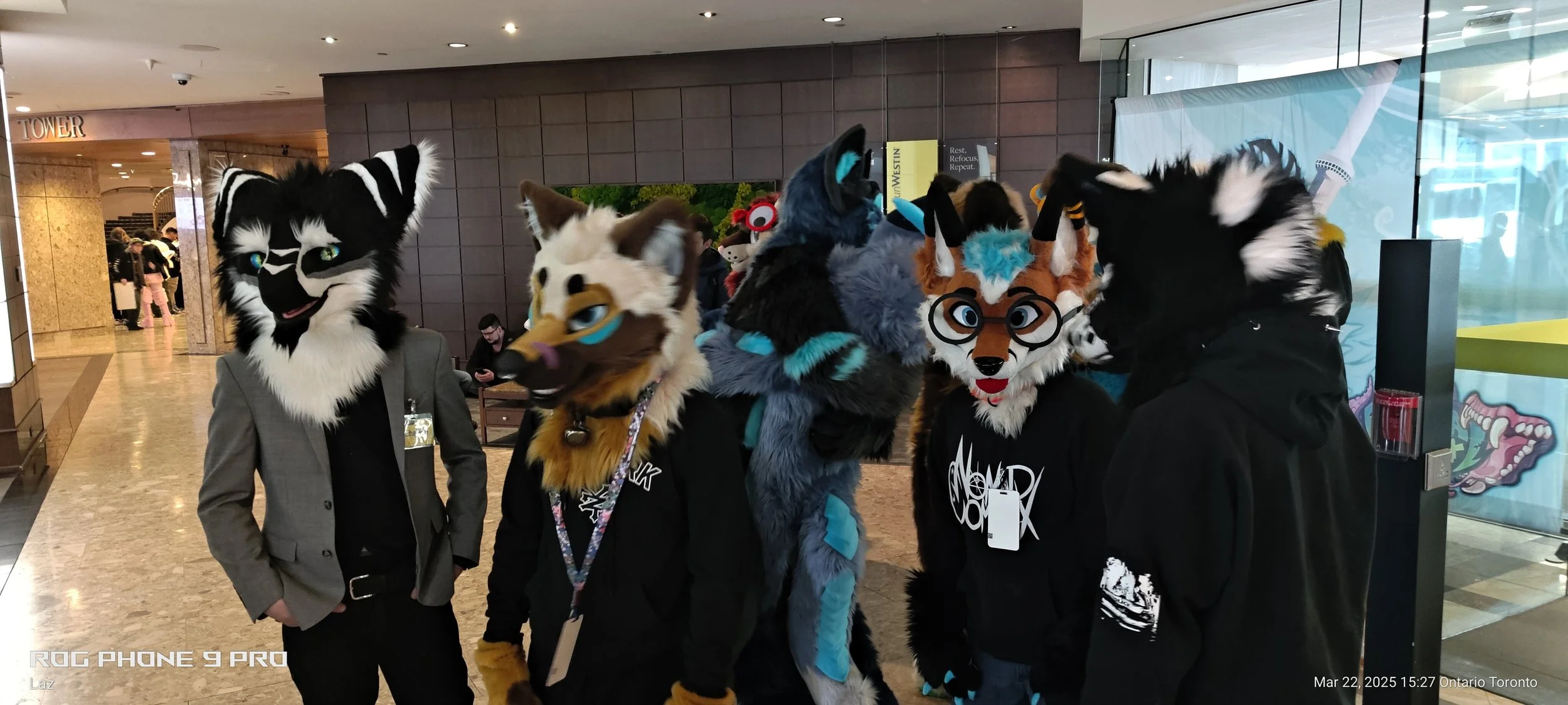 Group of people in colorful furry costumes, known as fursuits, at an indoor event in Toronto. The costumes resemble various animals, with one person wearing glasses and animal ears, and others featuring feline and canine characteristics. The backgrou