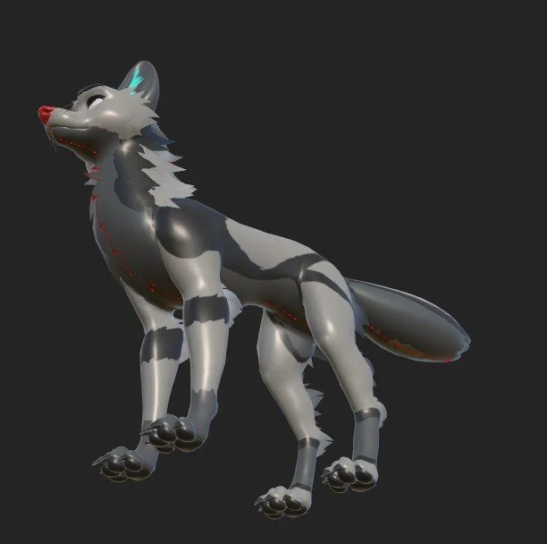 Digital rendering of a stylized, cartoon-like wolf with a grey and white fur pattern, sitting against a dark background.