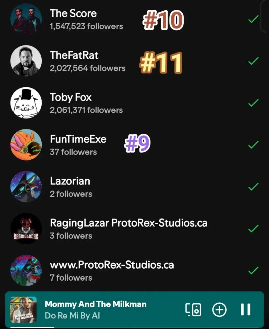 Screenshot of a social media follower ranking list with usernames and follower counts, including The Score, TheFatRat, Toby Fox, FunTimeExe, Lazorian, RagingLazar ProtoRex-Studios, and www.ProtoRex-Studios.ca, along with a music player at the bottom 