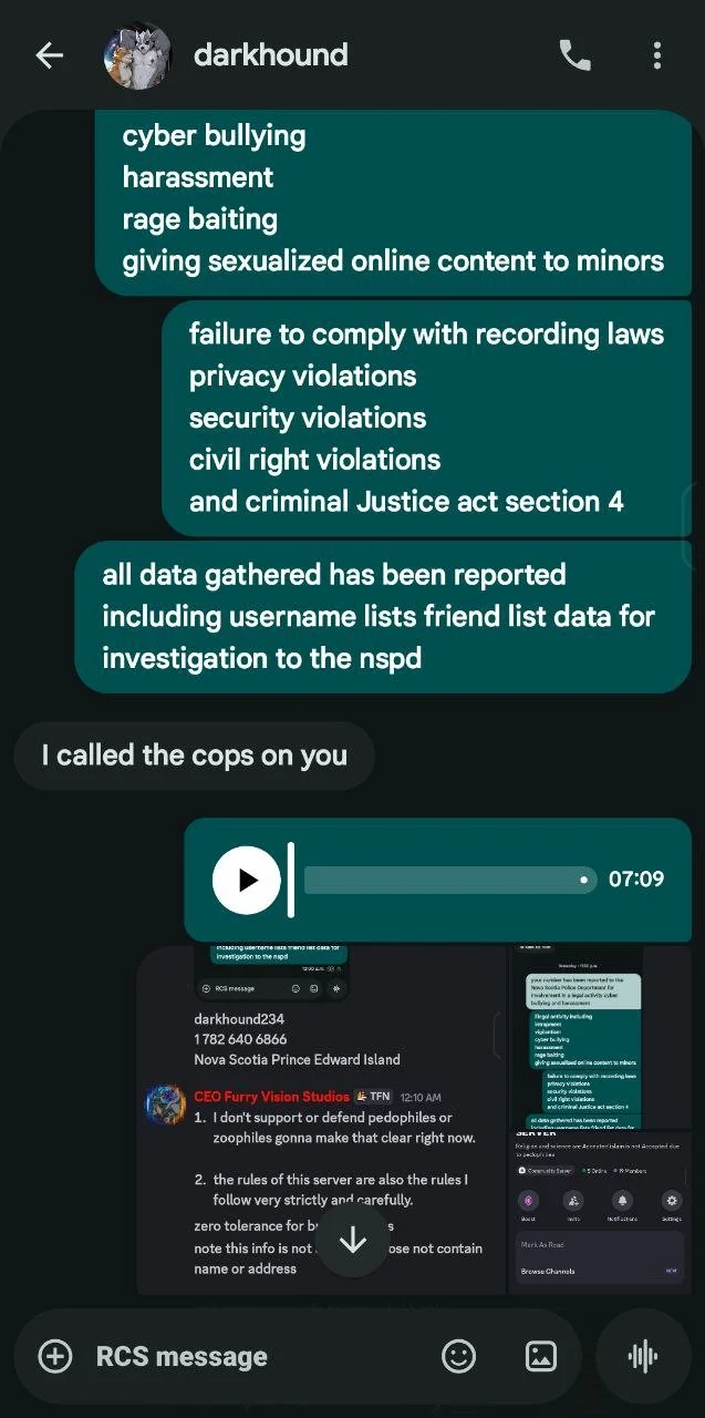 Screenshot of a text message conversation discussing illegal activities, including cyberbullying, harassment, and sharing of illicit content, with references to reporting data and law enforcement.