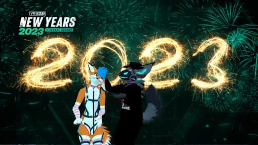 Two characters dressed as furries, one with orange and white fur and the other with black fur, celebrating New Year's 2023 with fireworks in the background.