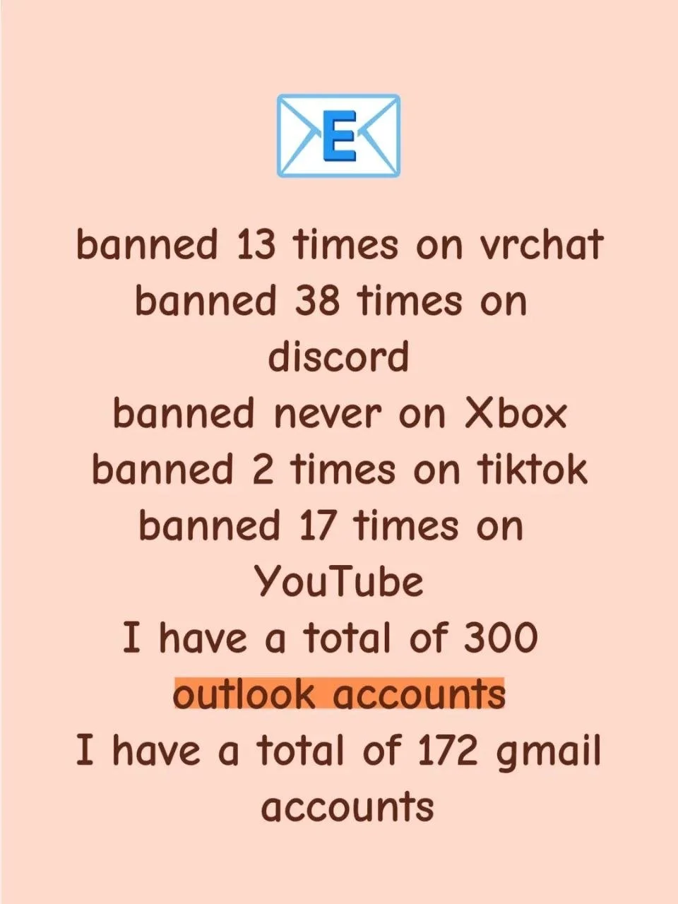 Text-based meme about social media bans and email accounts, listing the number of times banned on various platforms and total email accounts.