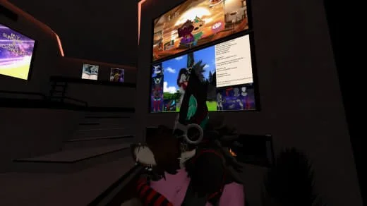 Inside a virtual reality arcade with people wearing VR headsets, in front of multiple screens displaying game footage.