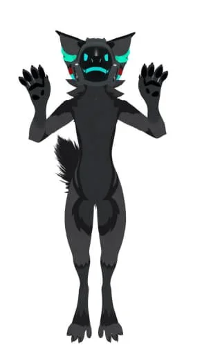 Anthropomorphic black wolf character with glowing blue and red accents, standing with hands raised.