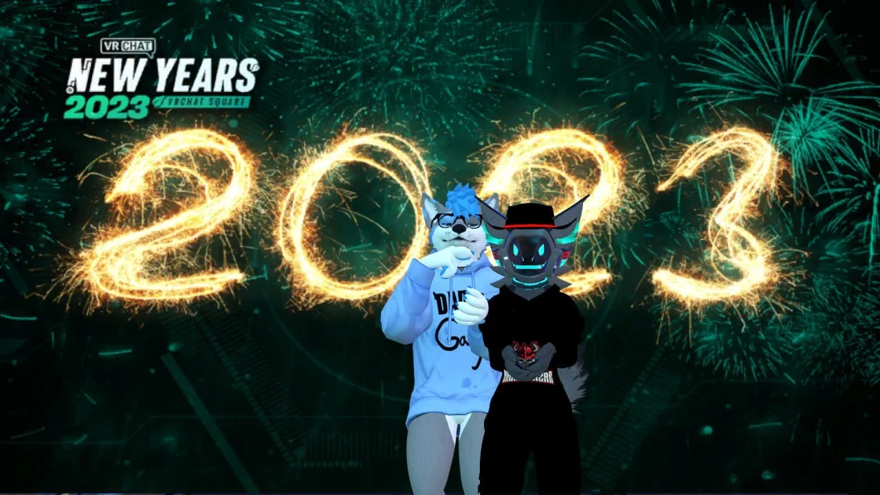 Animated characters in front of a fireworks display spelling out 2023, with a sign indicating New Year's celebration for 2023 at Vuichat Square.