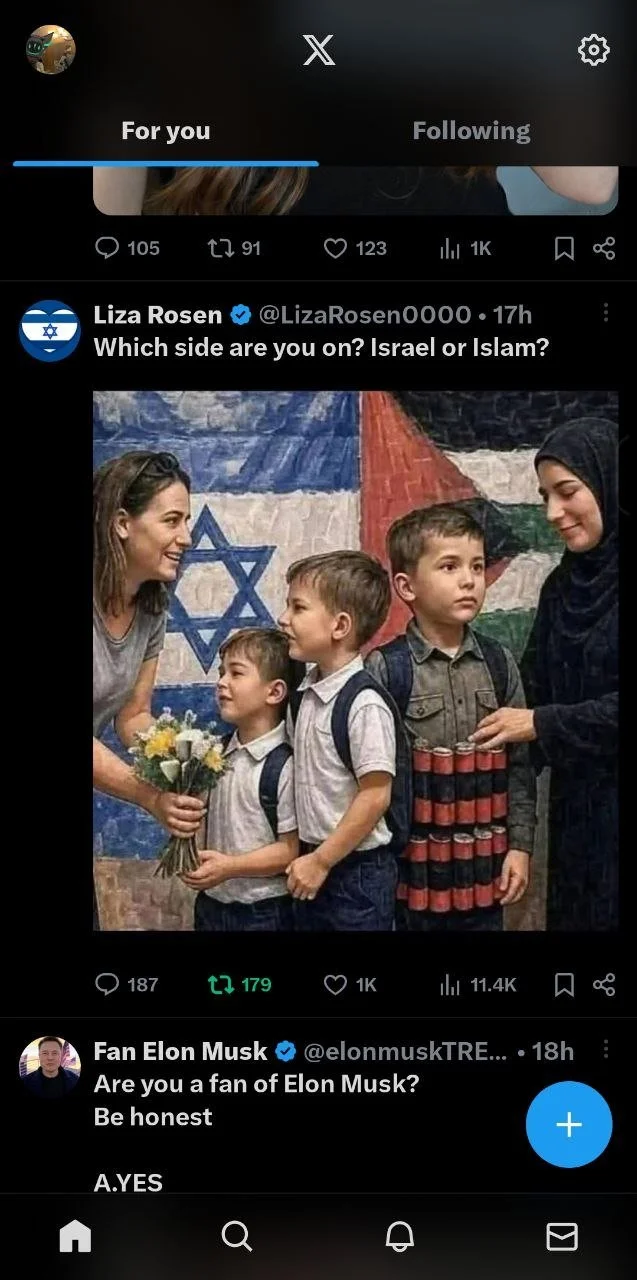 A social media post showing a woman giving a bouquet of flowers to a young boy, with two other children and an older woman in front of a painted Palestinian flag. The image appears to be part of a discussion about political or cultural identity.
