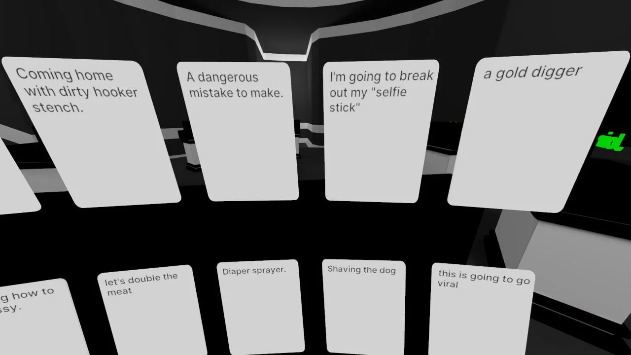 Virtual reality headset displaying floating text cards with humorous and random phrases.