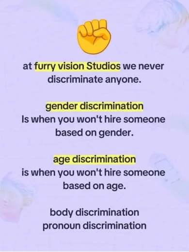 Text on a light blue background defining various types of discrimination, including gender, age, body, and pronoun discrimination, with yellow highlights on key terms and a yellow raised fist emoji at the top.
