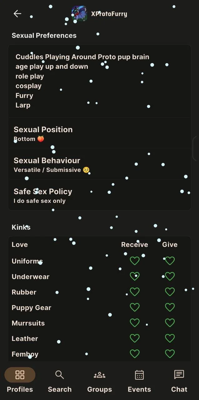 Screenshot of an app interface for XProtoFurry, displaying sections on sexual preferences, sexual position, behavior, safe sex policy, kinks, and love languages, with options for giving or receiving affection marked with green heart icons.