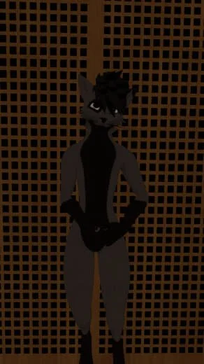 Anthropomorphic black and gray cat character with white eyes, standing in front of a brown lattice background.