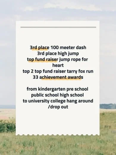 A printed list with achievements and educational milestones on a white sheet of paper outdoors, against a landscape background with a blue sky and green fields.