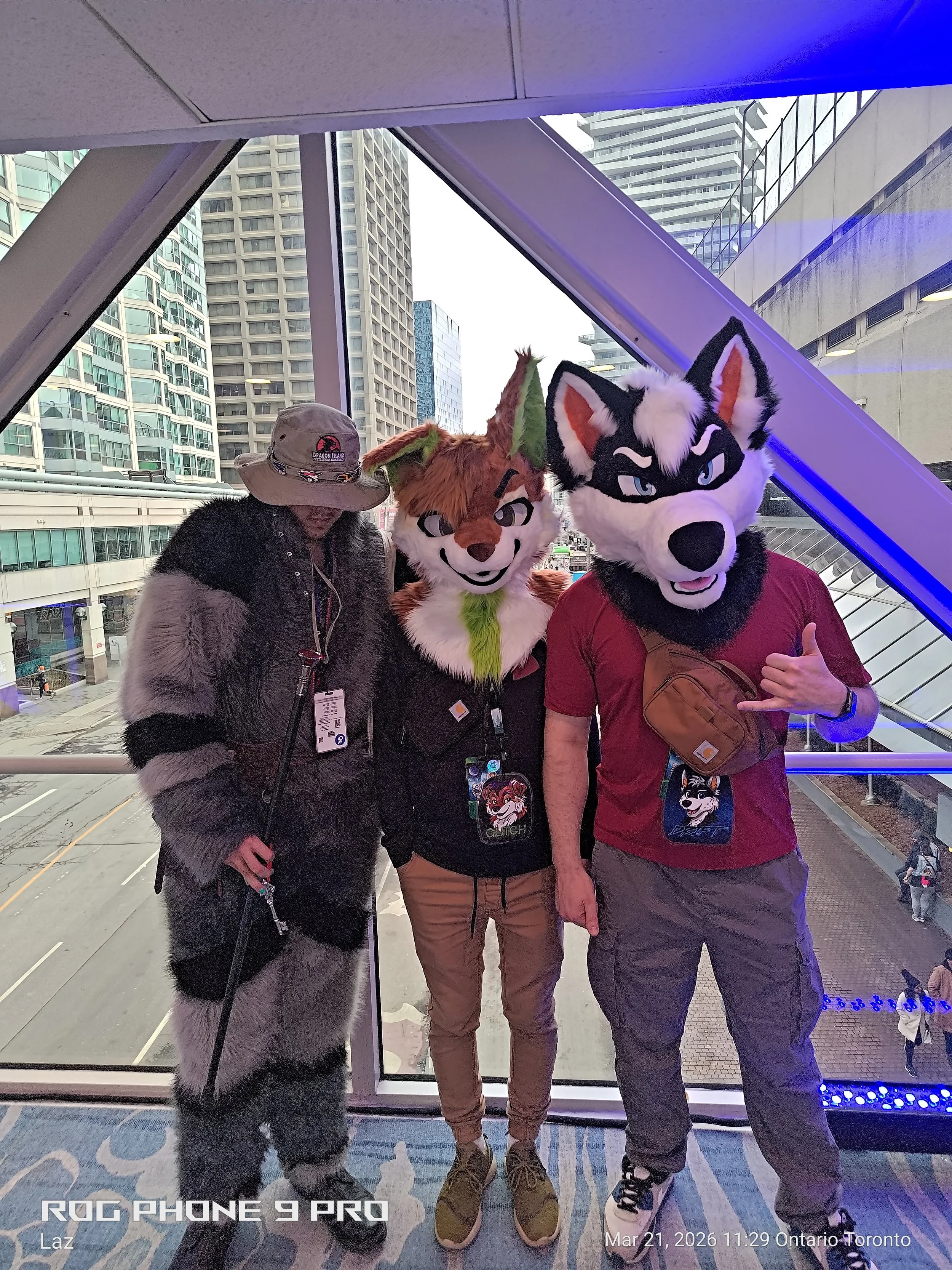 Three people standing in front of a large window in an urban setting, two wearing furry mascot costumes and one in casual clothing with a hat. The costumes include a fox and a wolf, with the person on the left wearing a large brown and white fox cost