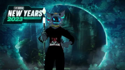 A person wearing a black hoodie with a red and white logo, and a cartoonish blue-eyed animal mascot head, standing in front of a digital background with a New Year's 2023 theme.