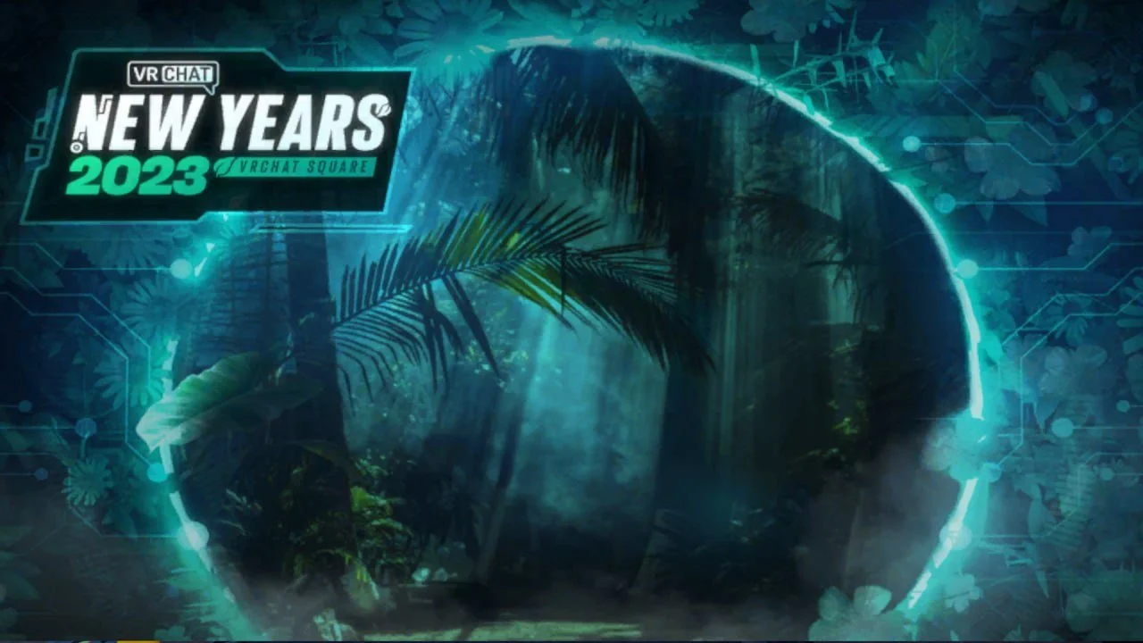 Futuristic digital graphic celebrating New Year's 2023 with a neon holographic outline of a person's head against a lush, forested jungle background.