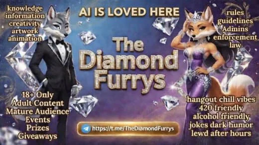 Promotional graphic for 'The Diamond Furrys,' featuring anthropomorphic cat characters dressed in formal attire with a purple and diamond theme background. Text highlights include adult content warning, features of the event like rules, guidelines, e