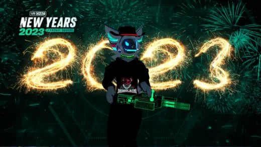 A digital illustration of a humanoid character with a glowing blue face and feline features, wearing a hat and hoodie, standing in front of a green fireworks display with large golden numbers '2023' for New Year's celebration.