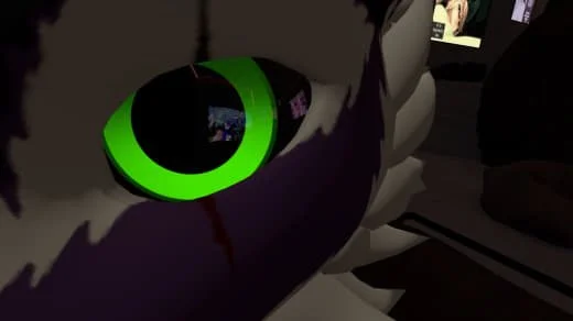 Close-up of a character with large green eyes and a grey face, resembling a cartoon or animated figure.