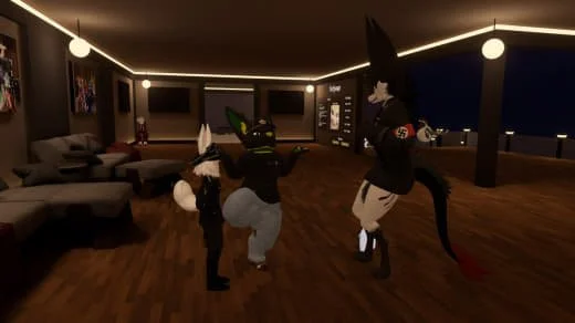 Three anthropomorphic animal characters in a dimly lit indoor lounge with wooden flooring and modern decor, engaging in a dance or playful interaction.