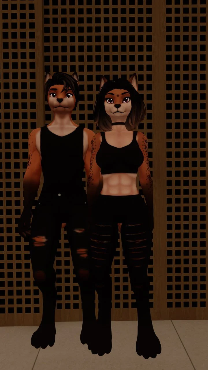 Two anthropomorphic animal characters with feline features posing together indoors against a wooden lattice background. They are dressed in black, distressed clothing, and have cat ears and tails.