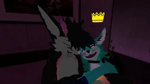 Two anthropomorphic animals, a fox and a cat, hugging in a dark room with purple lighting. The cat is wearing glasses and has a yellow crown above its head.