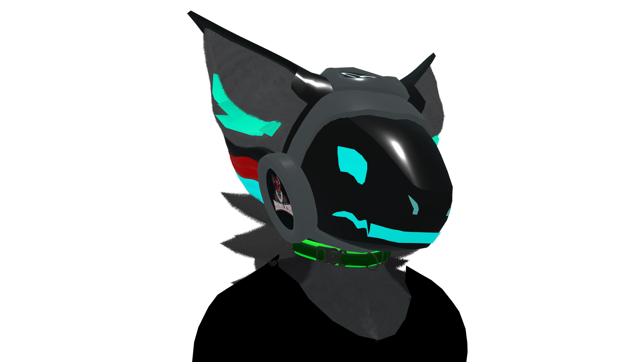 A futuristic black dog with glowing blue accents and a green collar, sitting in a dark environment.
