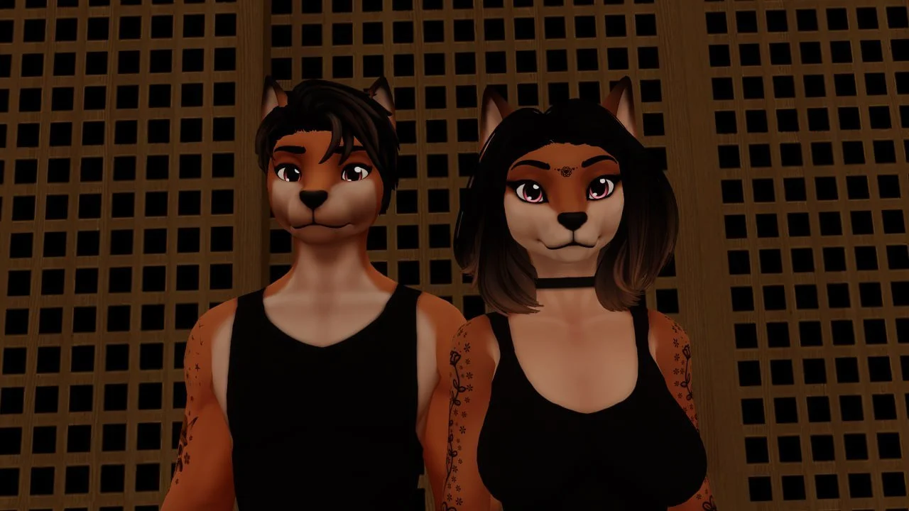 Two anthropomorphic animal characters with human bodies and feline faces, dressed in black tank tops, standing against a wooden lattice background.