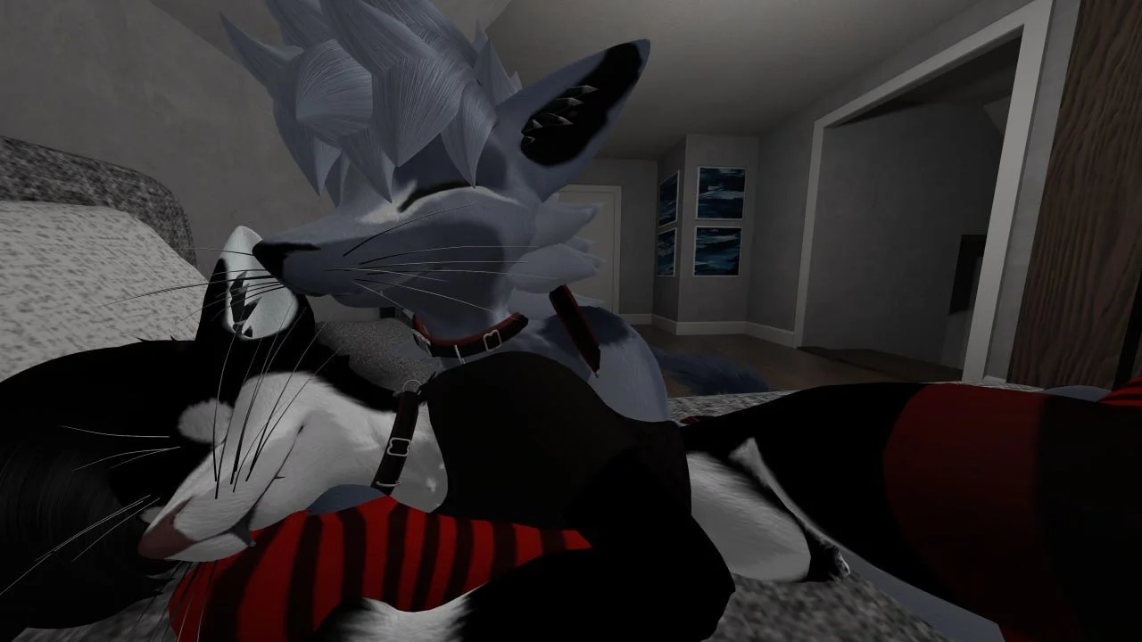 Digital illustration of two anthropomorphic animals, a wolf and a cat, cuddling on a bed in a bedroom.