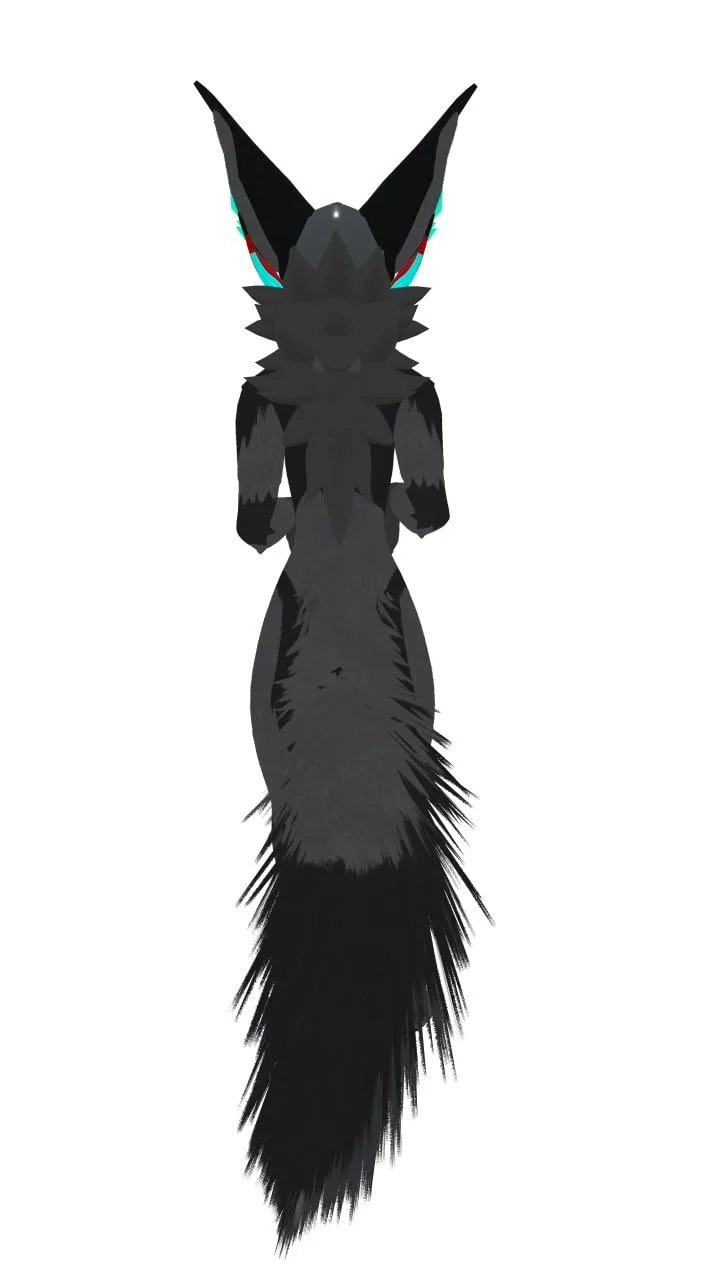 Digital illustration of a black wolf fox with large ears and a bushy tail, viewed from behind.