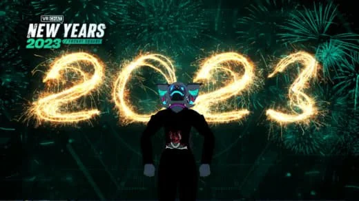 A person with a stylized mask standing in front of a digital display showing the year 2023, with fireworks and New Year's 2023 graphics in the background