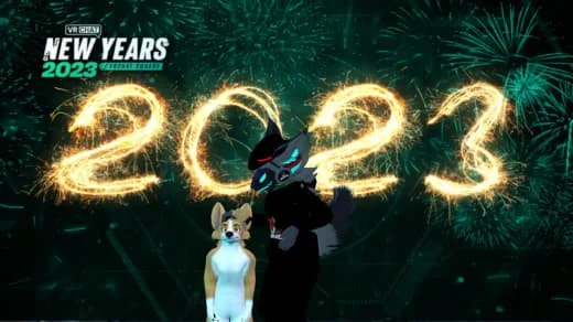 Celebration for New Year's 2023 with sparklers forming the numbers 2023, fireworks in the background, and two animated dog characters in the foreground.