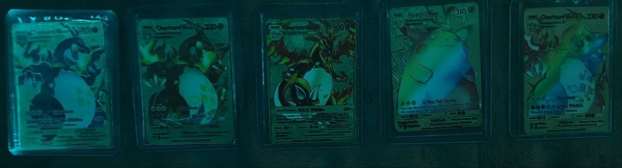 Five Pokémon trading cards in protective sleeves, featuring Garchomp and other Pokémon, displayed in a row.