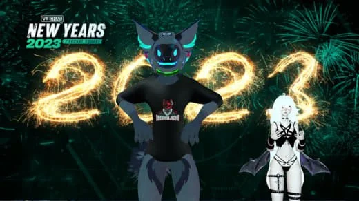 A festive New Year's Eve graphic with glowing fireworks in green and yellow, featuring a blue cartoon wolf with glowing eyes and a black shirt, and a white fantasy character in armor, celebrating 2023.