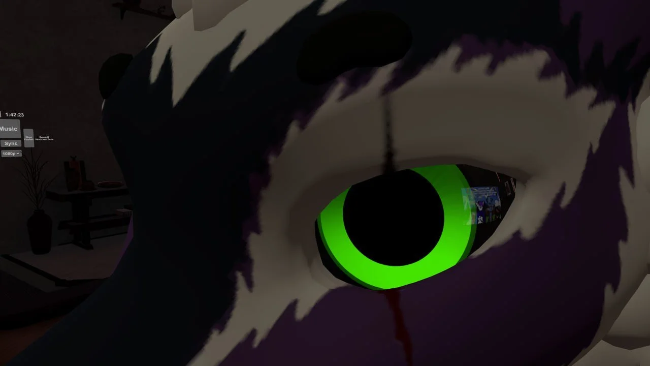 A close-up of a stylized creature's eye with a glowing green iris, surrounded by black and white fur.